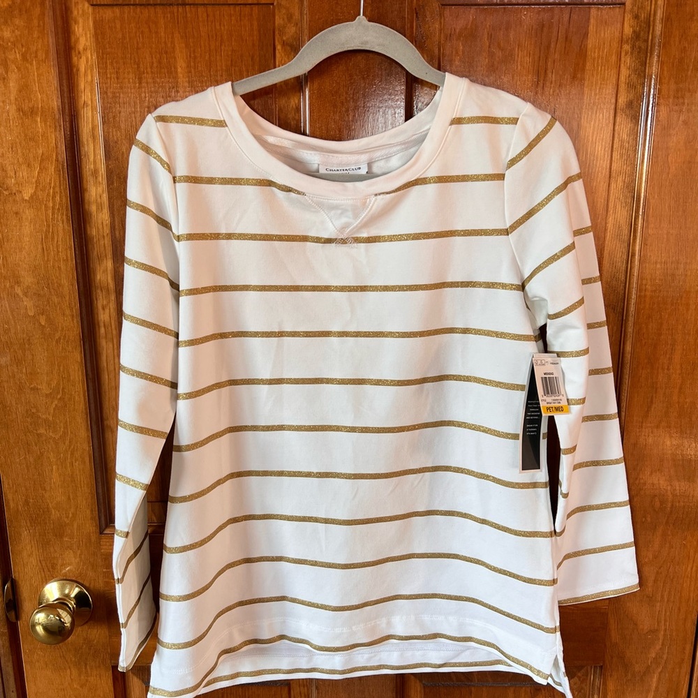 Charter Club White & Gold Long Sleeve Top, Petite Medium NWT